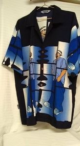 Blue Boy Mens Shirt Blue White Black Short Sleeve Button Down  M/48 Korea